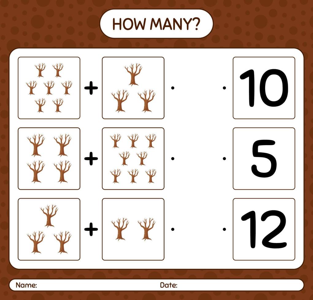 How many counting game with tree. worksheet for preschool kids, kids activity sheet vector