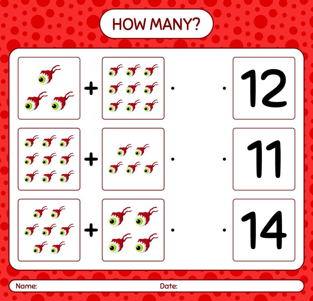 How many counting game with eyeball. worksheet for preschool kids, kids activity sheet vector