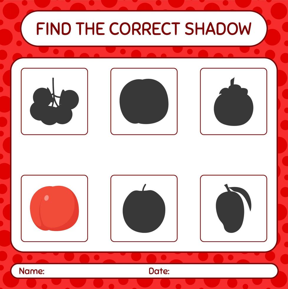 Find the correct shadows game with nectarine. worksheet for preschool kids, kids activity sheet vector