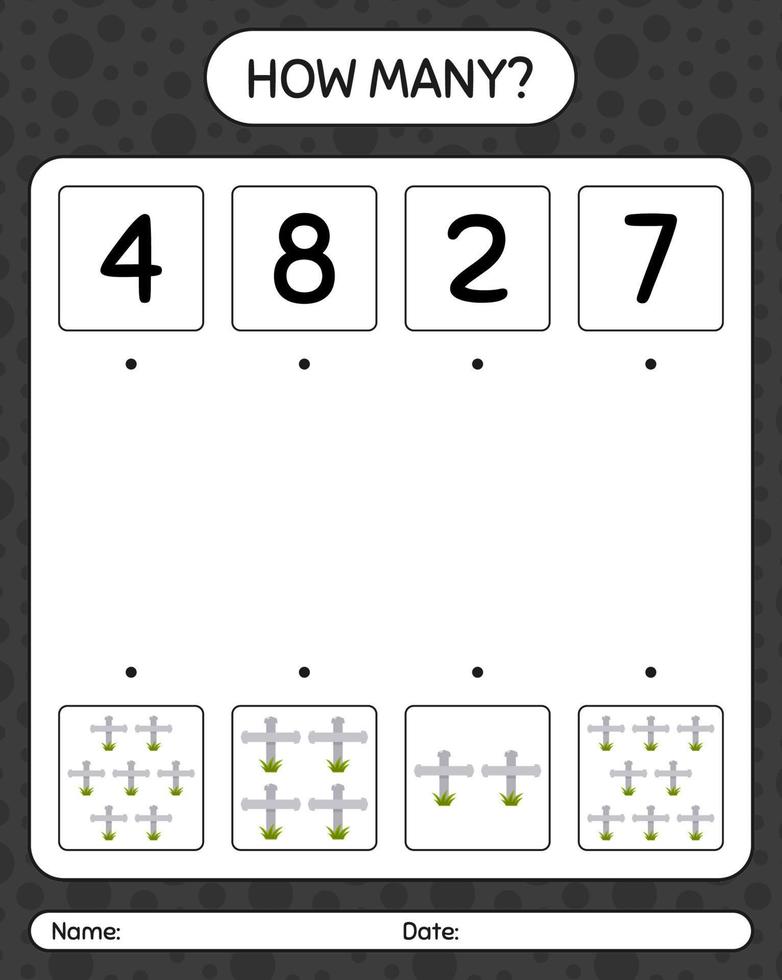How many counting game with tombstone. worksheet for preschool kids, kids activity sheet vector