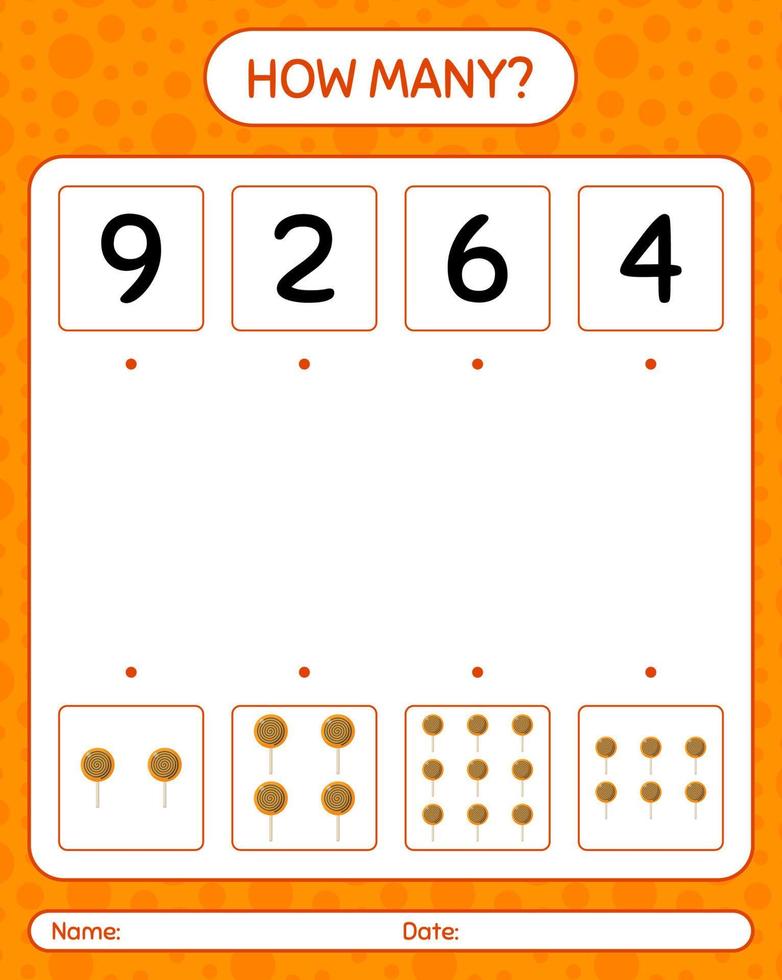 How many counting game with lollipop. worksheet for preschool kids, kids activity sheet vector