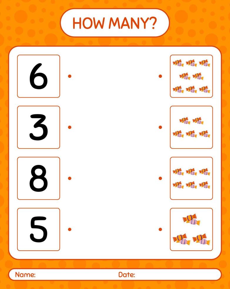 How many counting game with candy. worksheet for preschool kids, kids activity sheet vector