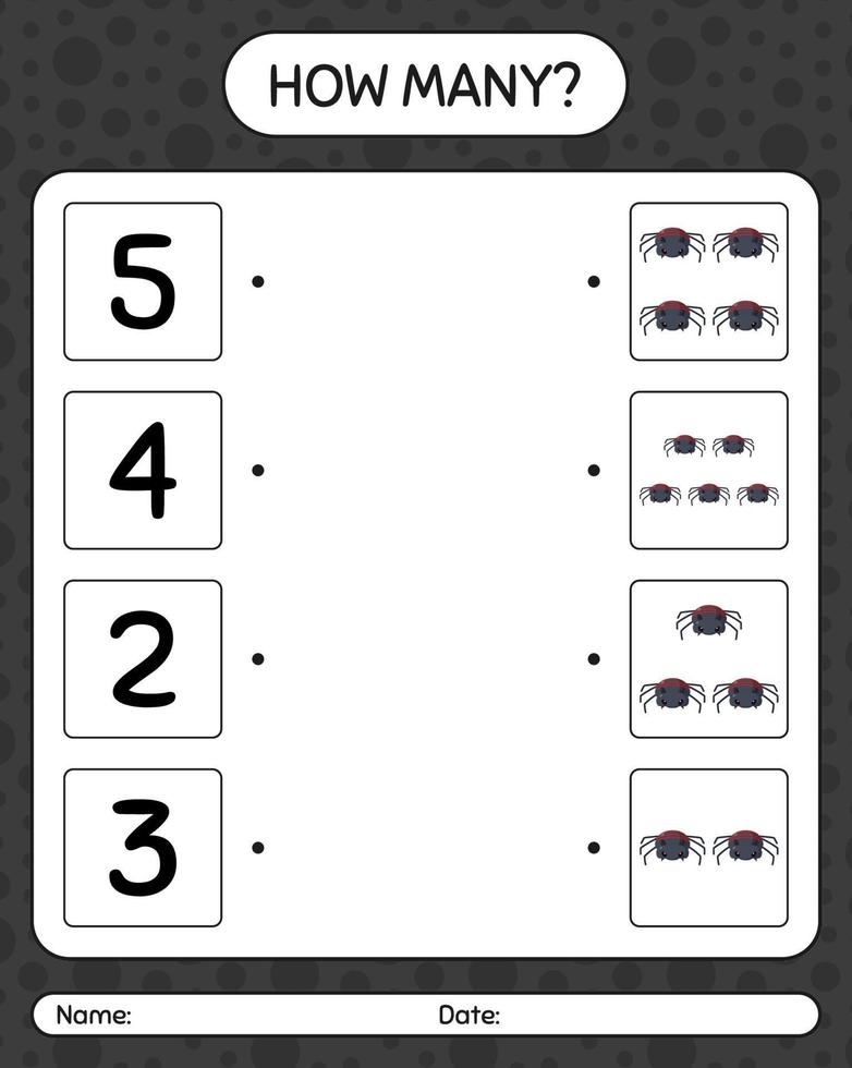 How many counting game with spider. worksheet for preschool kids, kids activity sheet vector