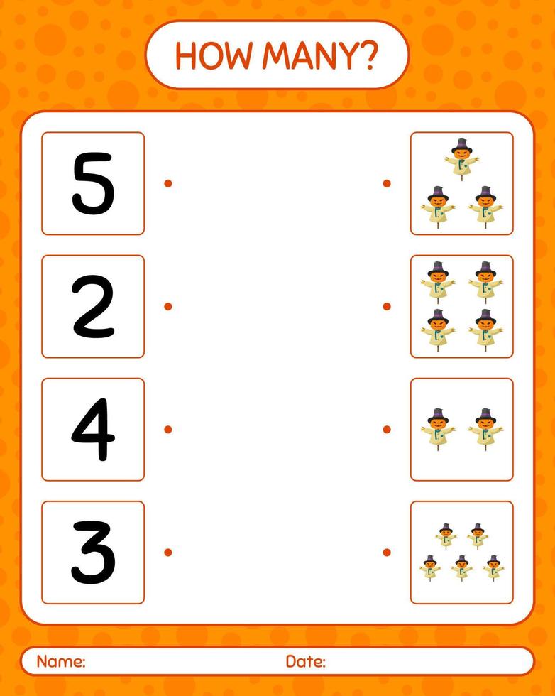 How many counting game with scarecrow. worksheet for preschool kids, kids activity sheet vector