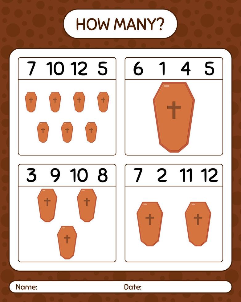 How many counting game with coffin. worksheet for preschool kids, kids activity sheet vector