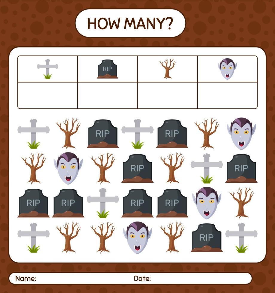 How many counting game with halloween icon. worksheet for preschool kids, kids activity sheet vector