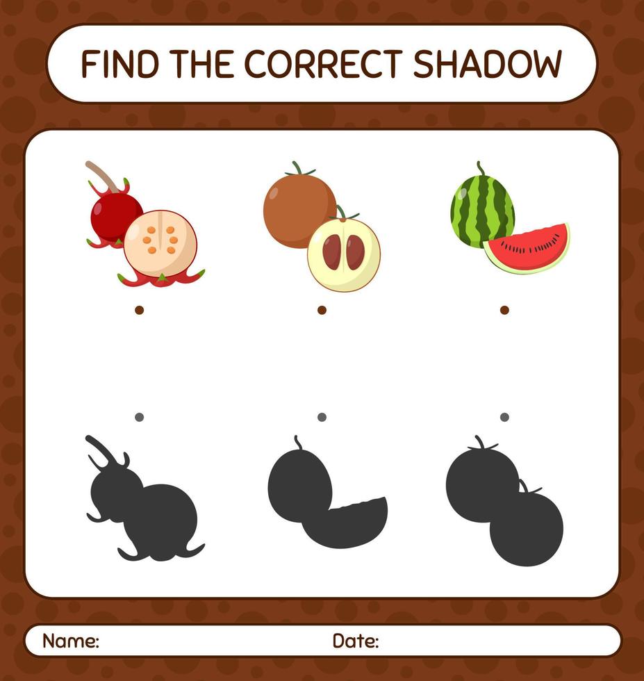 Find the correct shadows game with fruits. worksheet for preschool kids, kids activity sheet vector