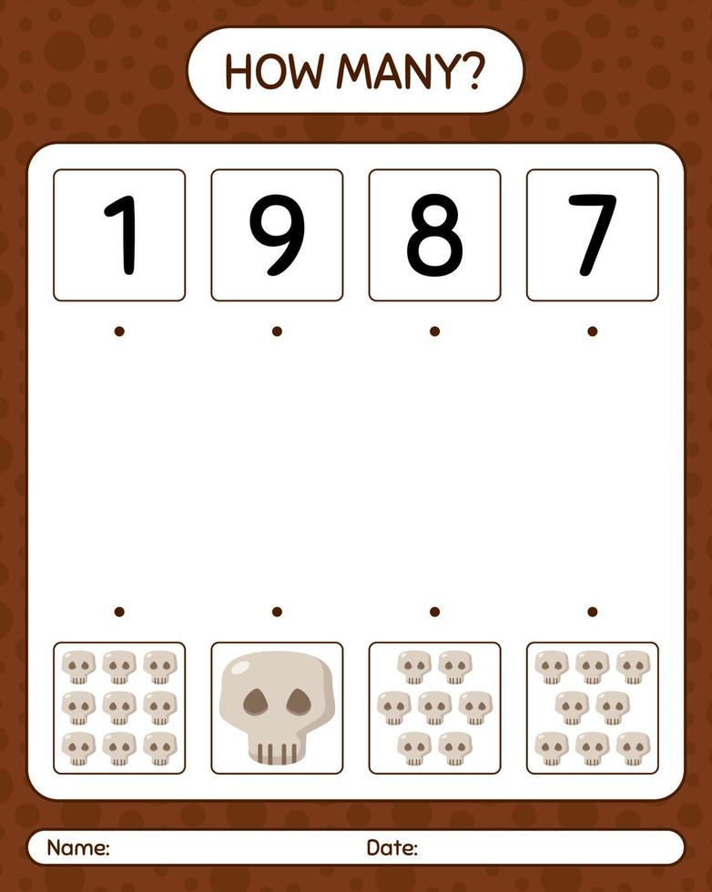 How many counting game with skull. worksheet for preschool kids, kids activity sheet vector