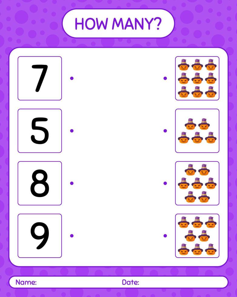 How many counting game with jack o' lantern. worksheet for preschool kids, kids activity sheet vector