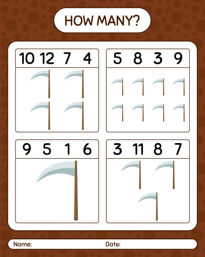 How many counting game with scythe. worksheet for preschool kids, kids activity sheet vector