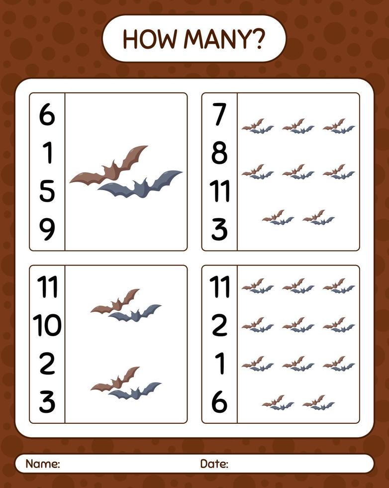 How many counting game with bat. worksheet for preschool kids, kids activity sheet vector