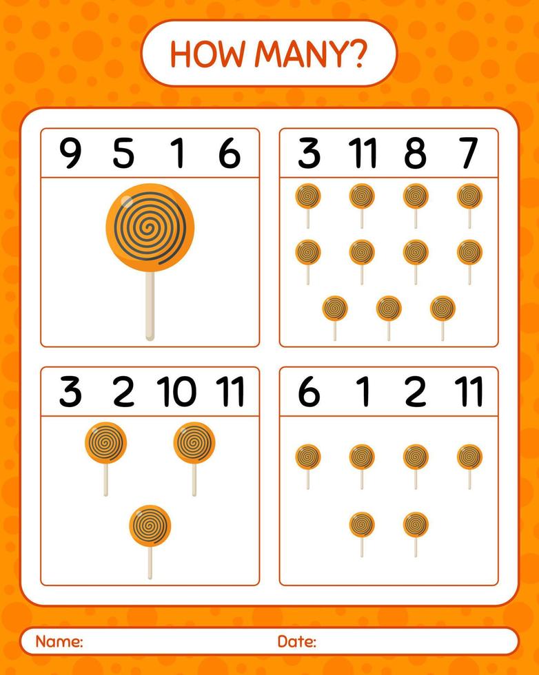 How many counting game with lollipop. worksheet for preschool kids, kids activity sheet vector
