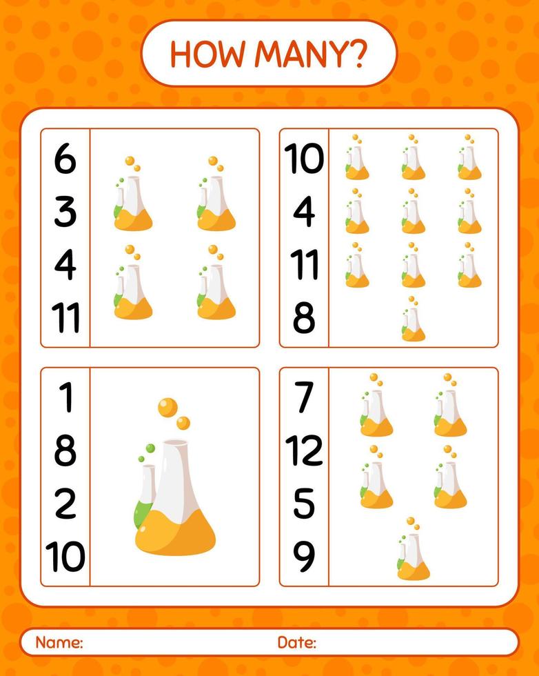 How many counting game with chemistry tube. worksheet for preschool kids, kids activity sheet vector
