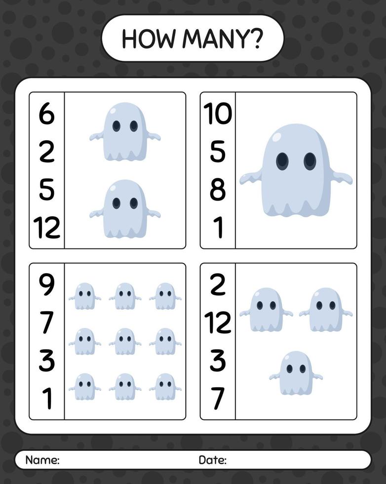 How many counting game with ghost. worksheet for preschool kids, kids activity sheet vector