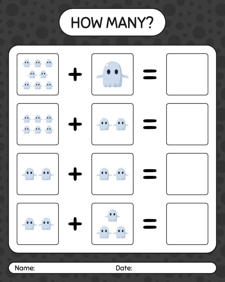 How many counting game with ghost. worksheet for preschool kids, kids activity sheet vector