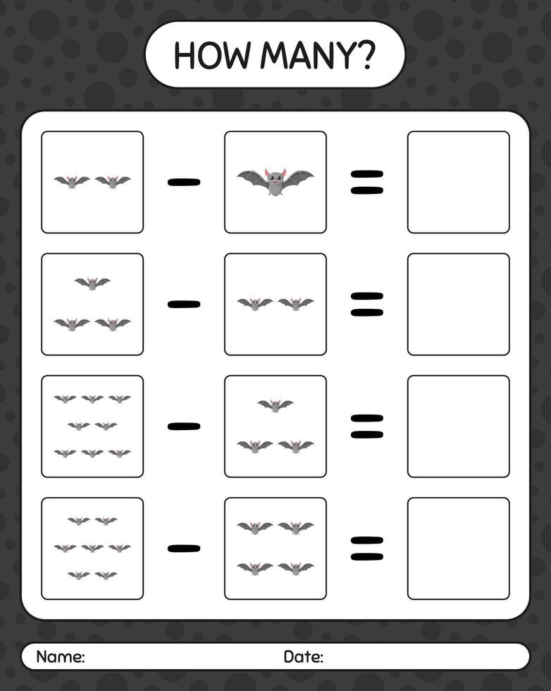 How many counting game with bat. worksheet for preschool kids, kids activity sheet vector