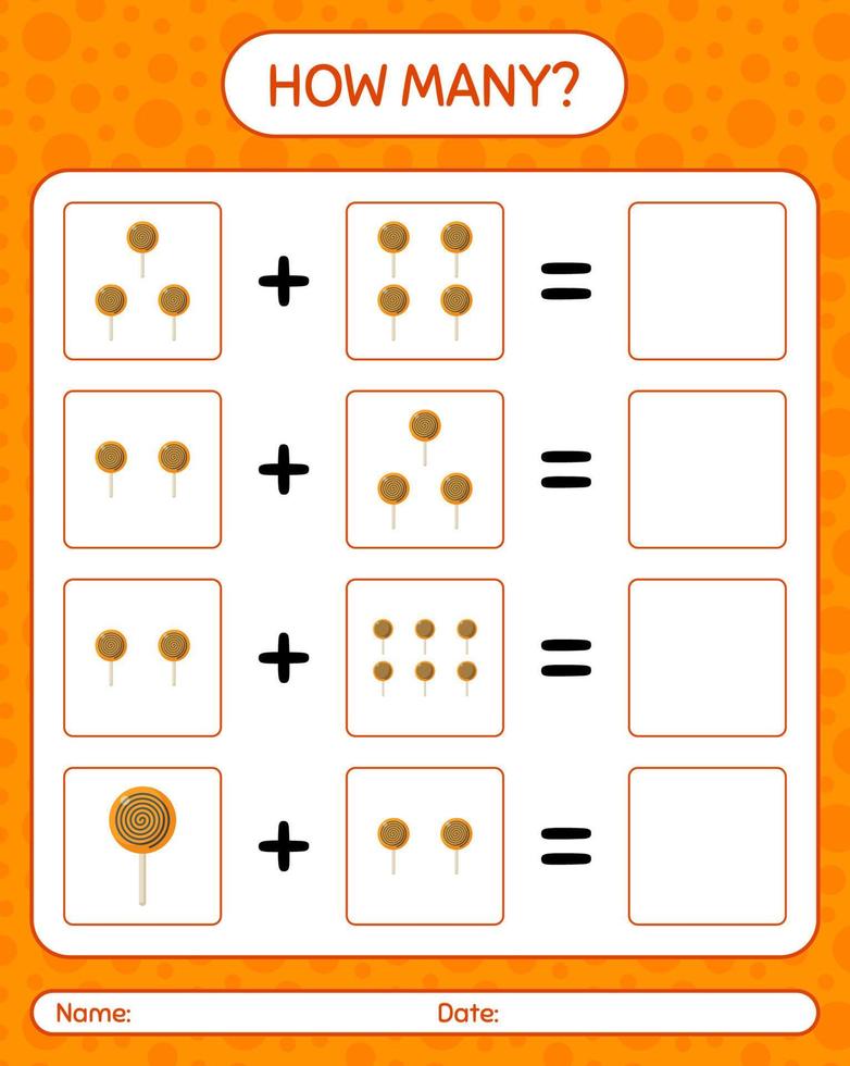 How many counting game with lollipop. worksheet for preschool kids, kids activity sheet vector