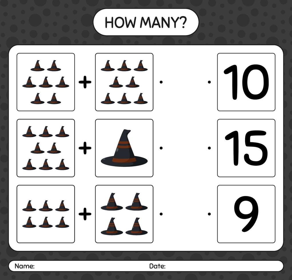 How many counting game with witch's hat. worksheet for preschool kids, kids activity sheet vector