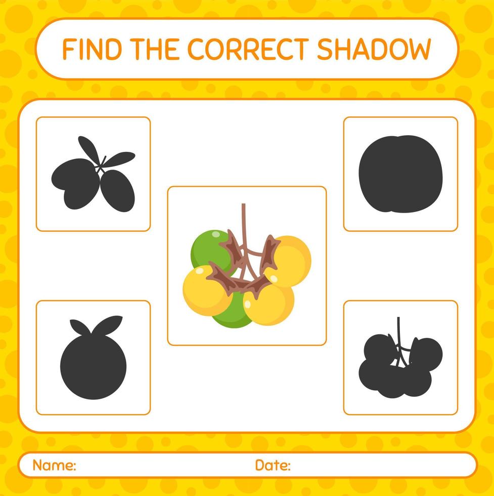 Find the correct shadows game with nance. worksheet for preschool kids, kids activity sheet vector