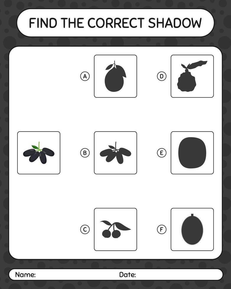 Find the correct shadows game with jambolan. worksheet for preschool kids, kids activity sheet vector