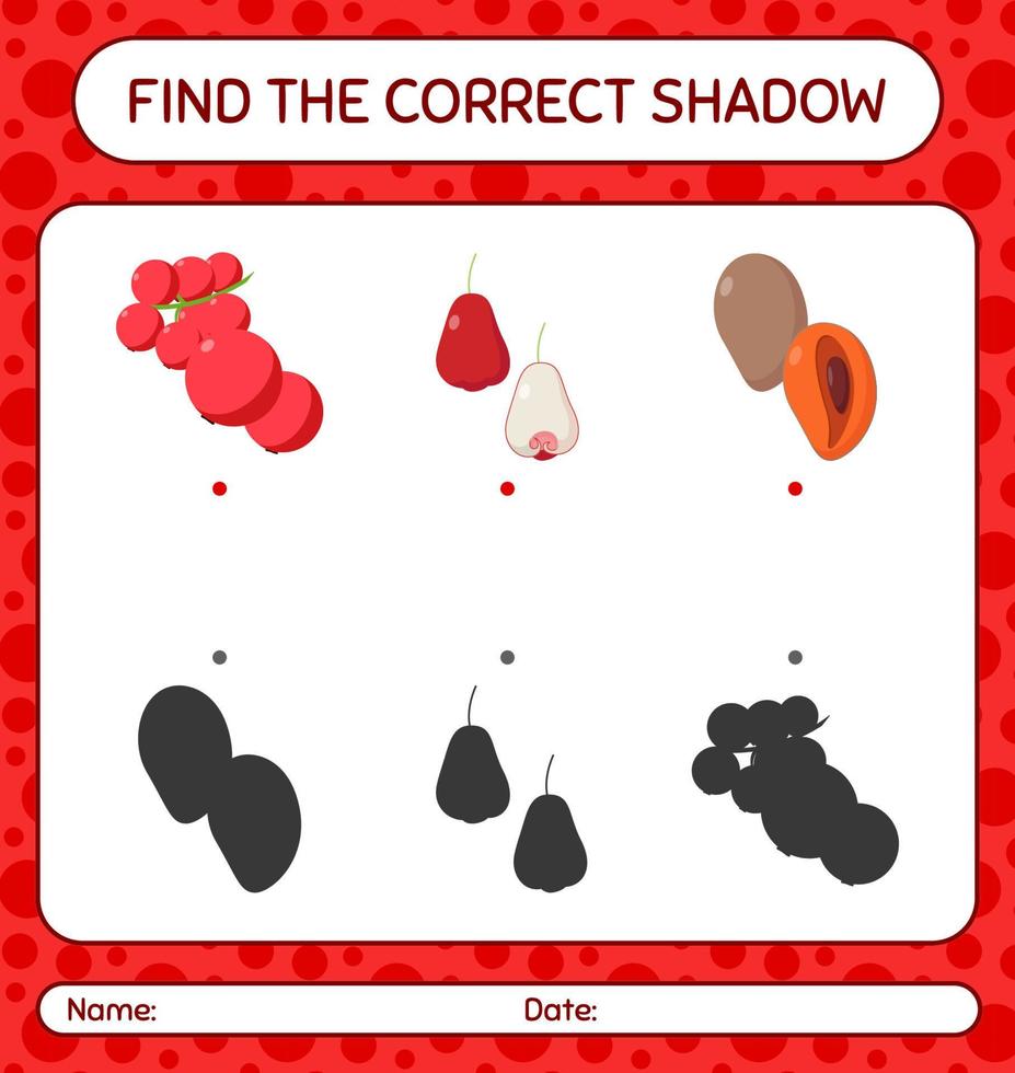 encuentra el juego de sombras correcto con frutas. hoja de trabajo para niños en edad preescolar, hoja de actividades para niños vector