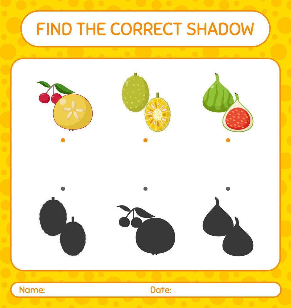 encuentra el juego de sombras correcto con frutas. hoja de trabajo para niños en edad preescolar, hoja de actividades para niños vector