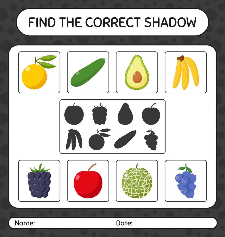 encuentra el juego de sombras correcto con frutas. hoja de trabajo para niños en edad preescolar, hoja de actividades para niños vector