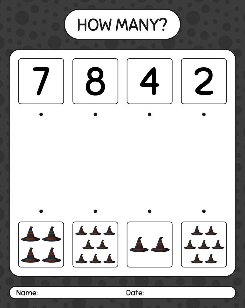 How many counting game with witch's hat. worksheet for preschool kids, kids activity sheet vector