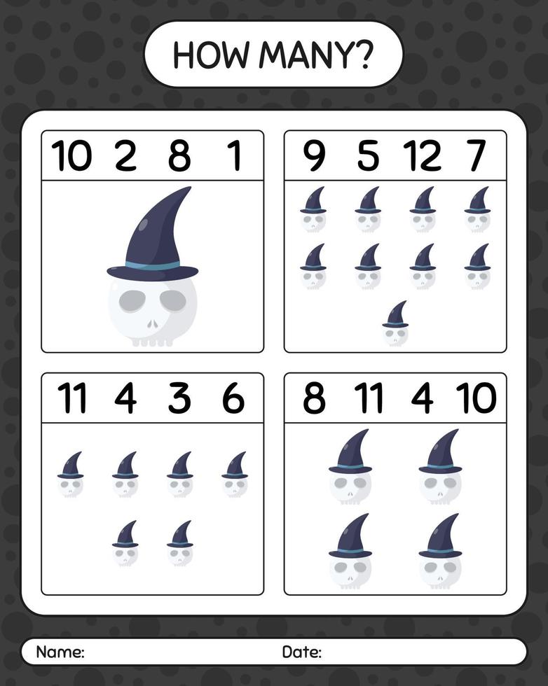 How many counting game with skull. worksheet for preschool kids, kids activity sheet vector