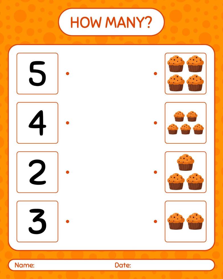 How many counting game with cupcake. worksheet for preschool kids, kids activity sheet vector
