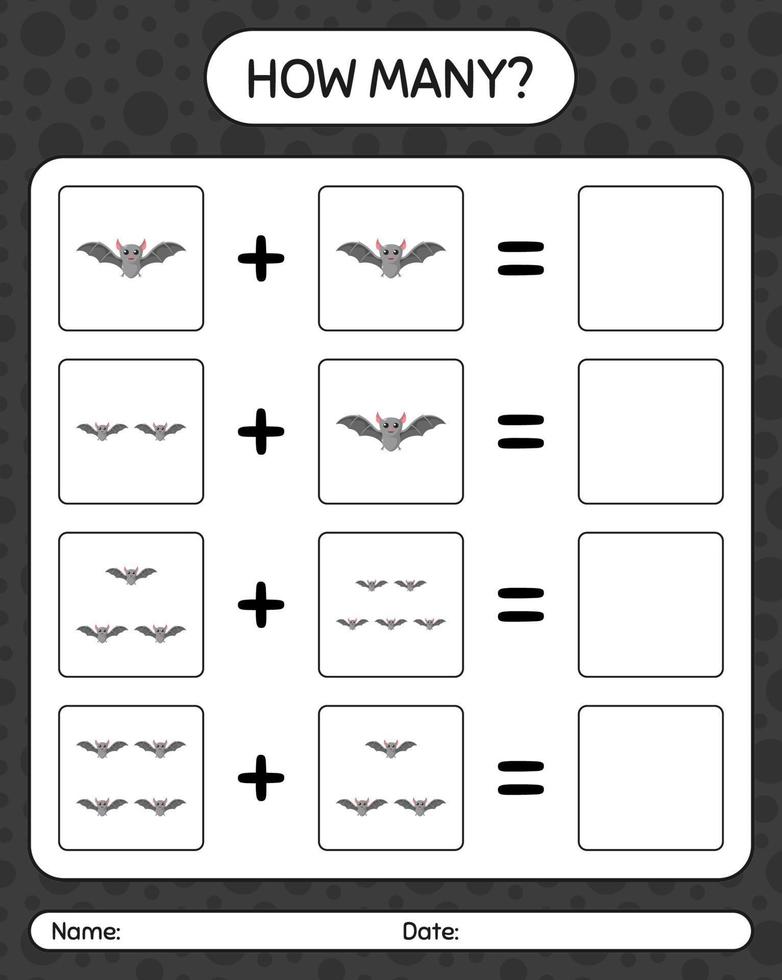 How many counting game with bat. worksheet for preschool kids, kids activity sheet vector