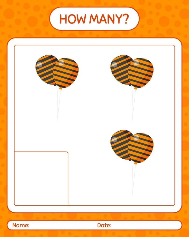 How many counting game with balloon. worksheet for preschool kids, kids activity sheet vector