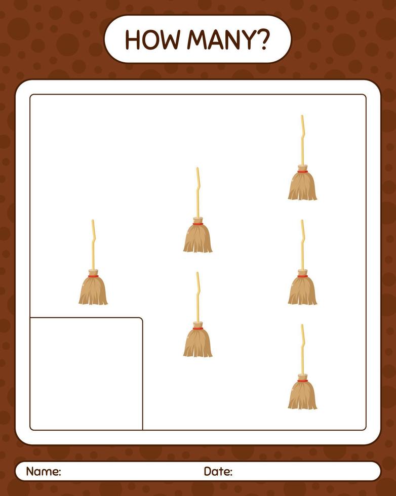 How many counting game with broom. worksheet for preschool kids, kids activity sheet vector
