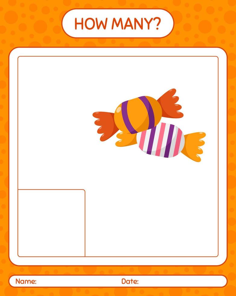 How many counting game with candy. worksheet for preschool kids, kids activity sheet vector
