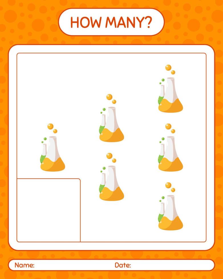 How many counting game with chemistry tube. worksheet for preschool kids, kids activity sheet vector