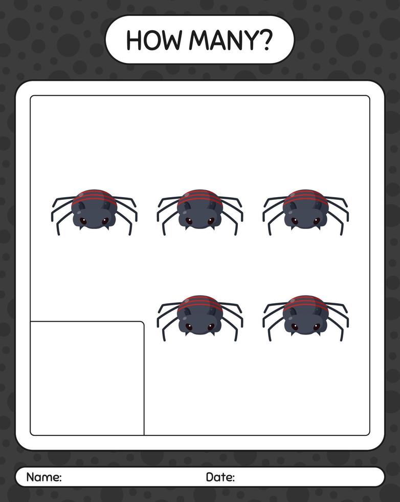 How many counting game with spider. worksheet for preschool kids, kids activity sheet vector