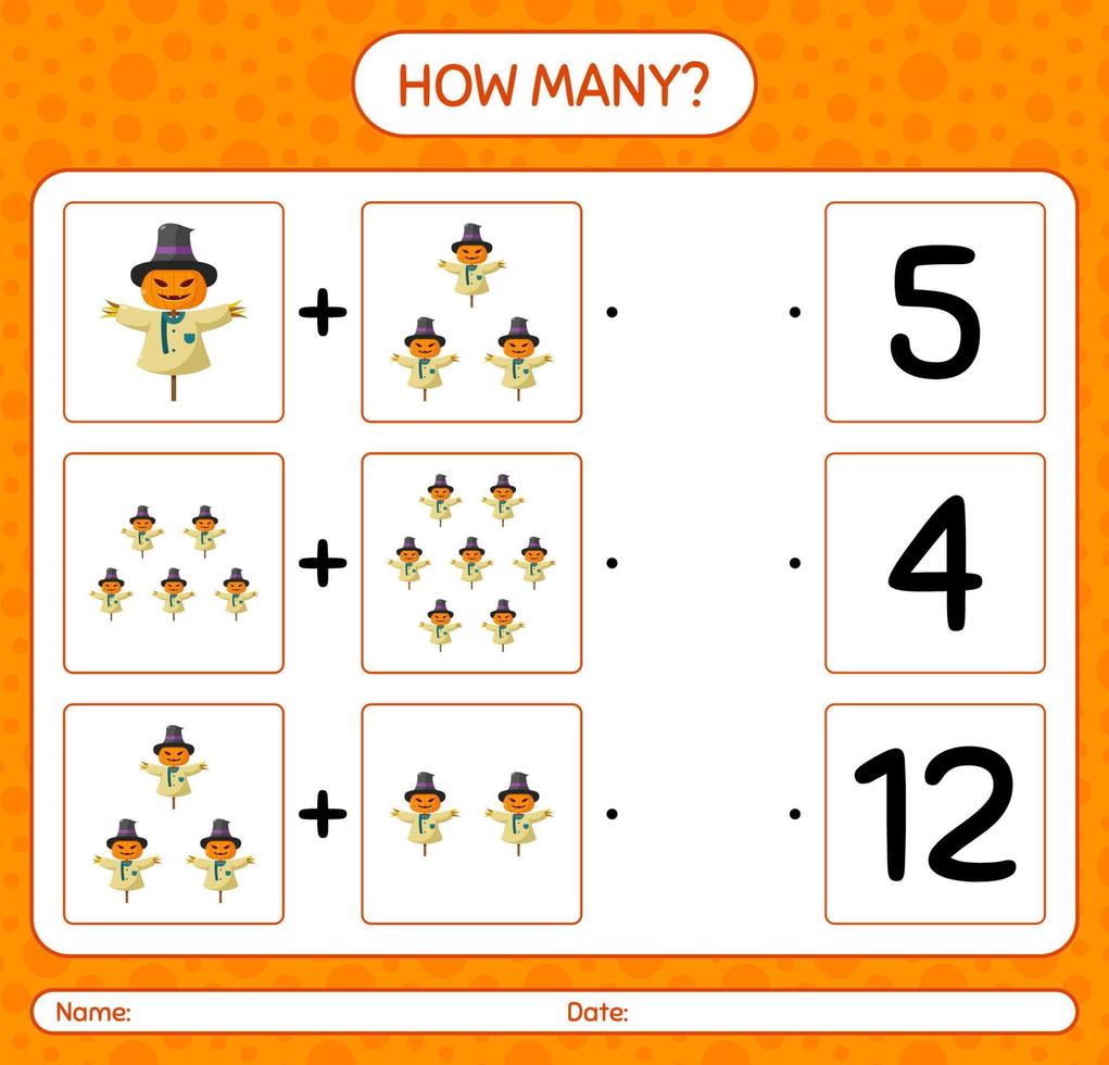 How many counting game with scarecrow. worksheet for preschool kids, kids activity sheet vector