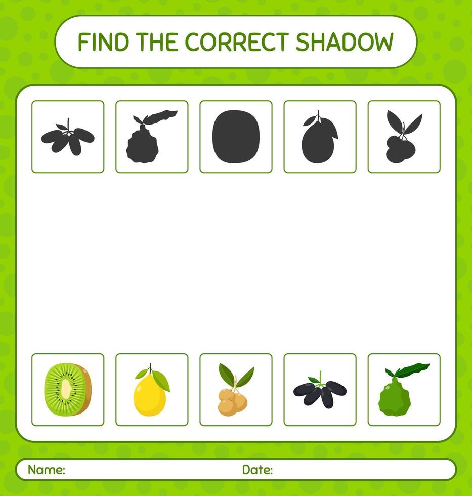 encuentra el juego de sombras correcto con frutas. hoja de trabajo para niños en edad preescolar, hoja de actividades para niños vector