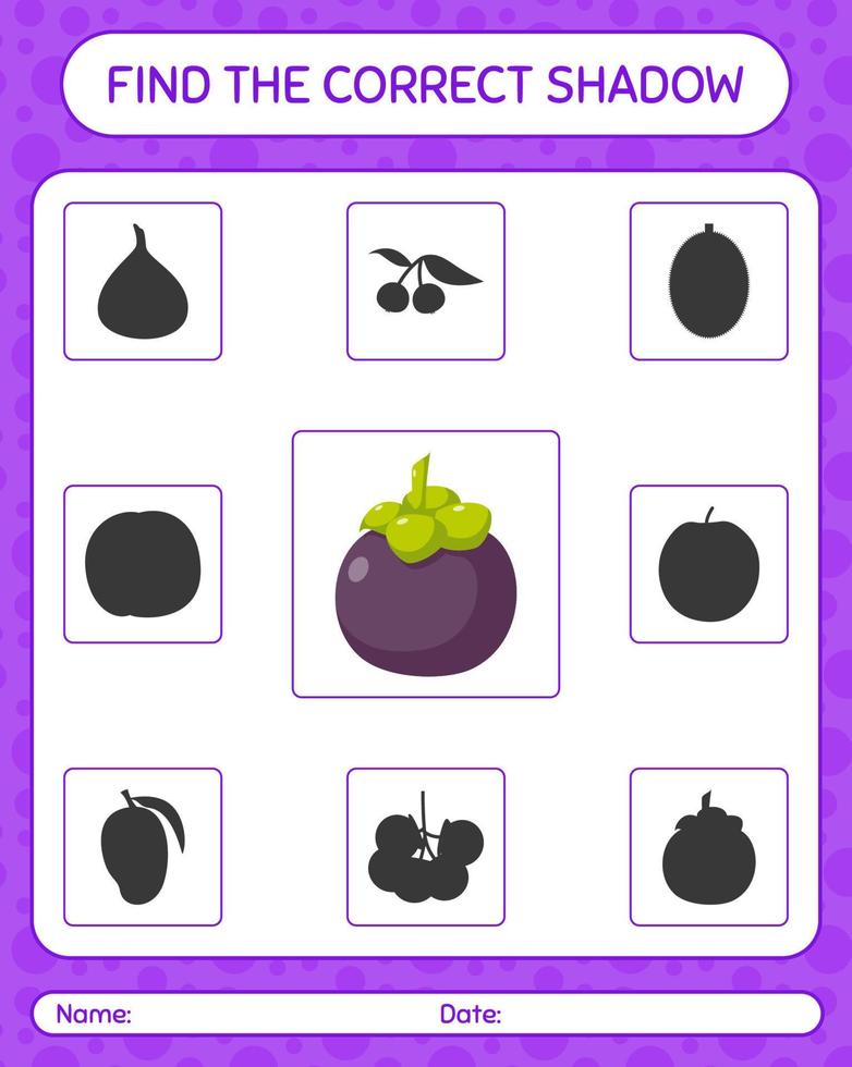 Find the correct shadows game with mangosteen. worksheet for preschool kids, kids activity sheet vector