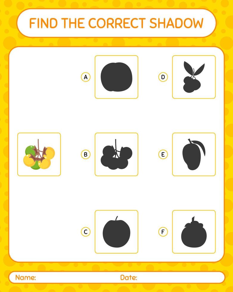 Find the correct shadows game with nance. worksheet for preschool kids, kids activity sheet vector