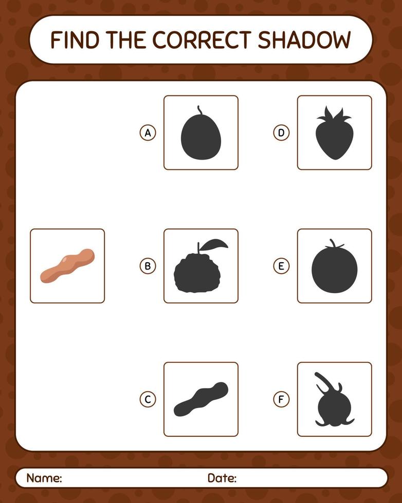 Find the correct shadows game with tamarind. worksheet for preschool kids, kids activity sheet vector