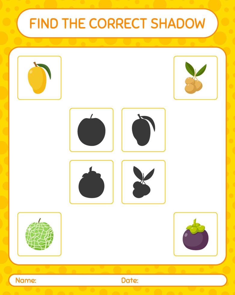 encuentra el juego de sombras correcto con frutas. hoja de trabajo para niños en edad preescolar, hoja de actividades para niños vector