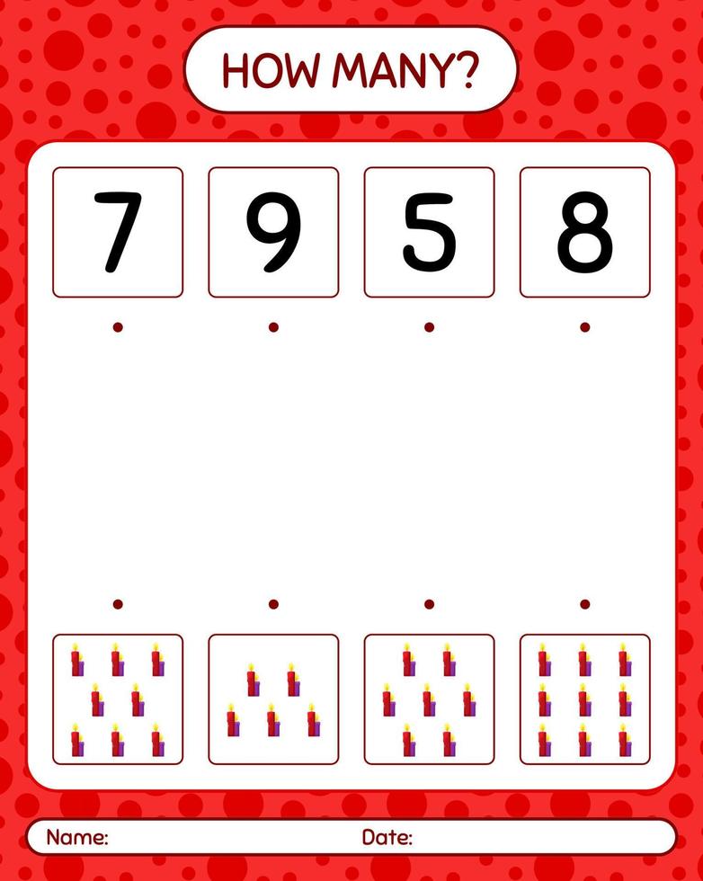 How many counting game with candle. worksheet for preschool kids, kids activity sheet vector