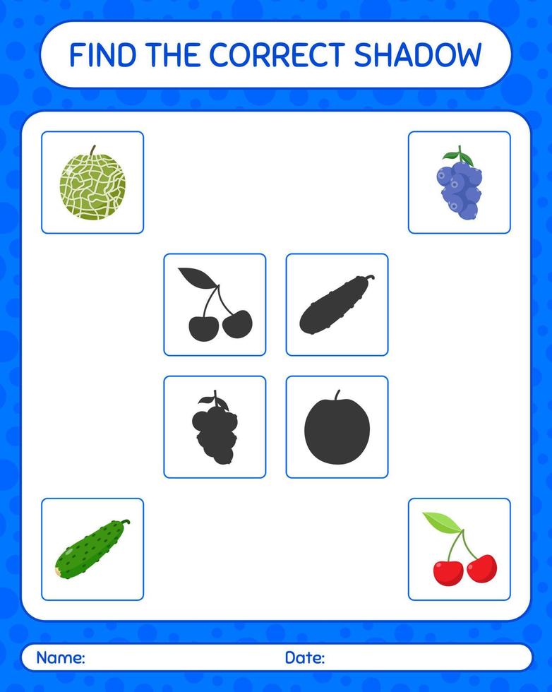 encuentra el juego de sombras correcto con frutas. hoja de trabajo para niños en edad preescolar, hoja de actividades para niños vector