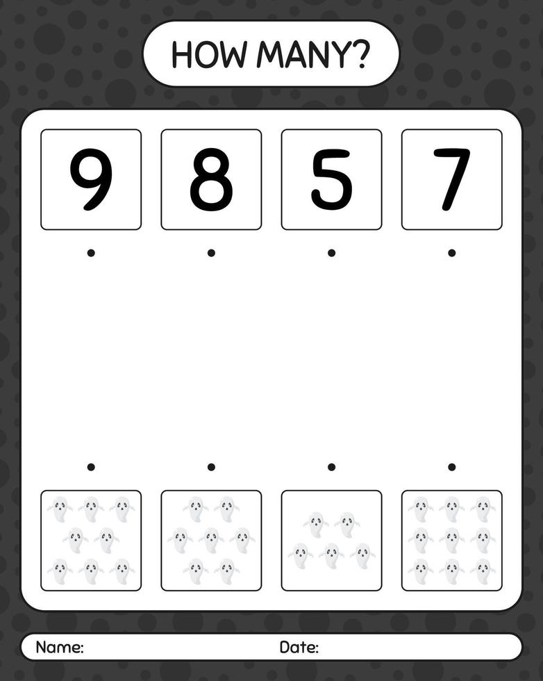 How many counting game with ghost. worksheet for preschool kids, kids activity sheet vector