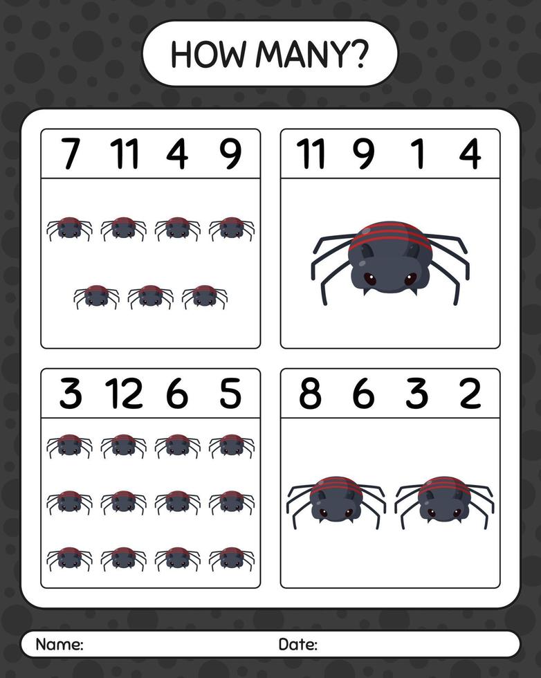 How many counting game with spider. worksheet for preschool kids, kids activity sheet vector