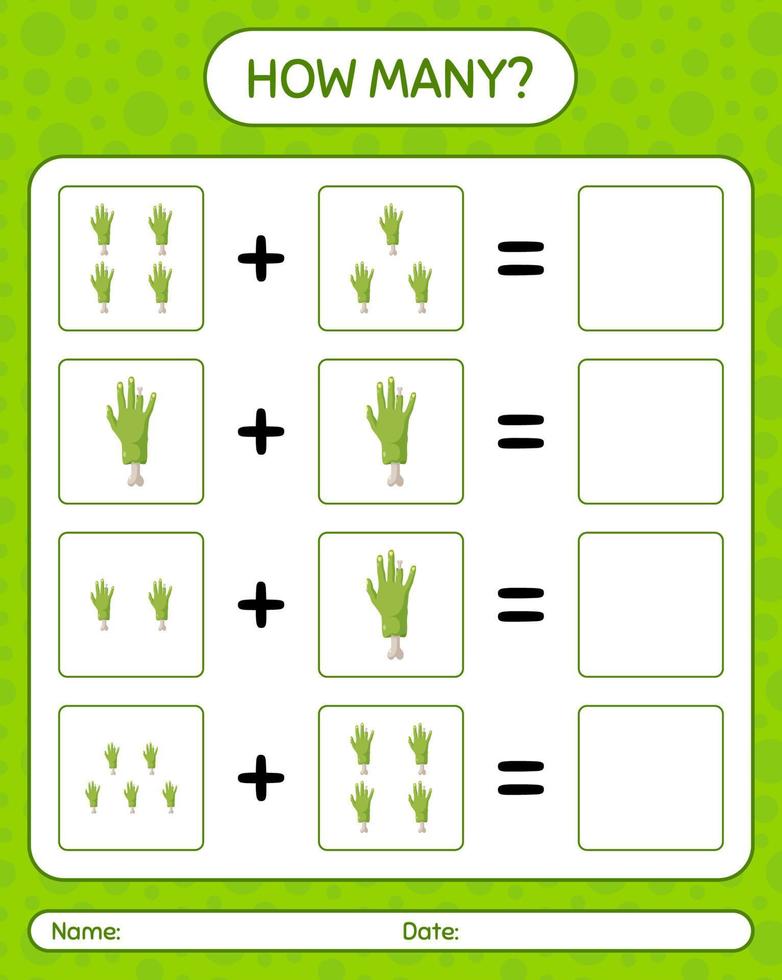 How many counting game with zombie's hand. worksheet for preschool kids, kids activity sheet vector