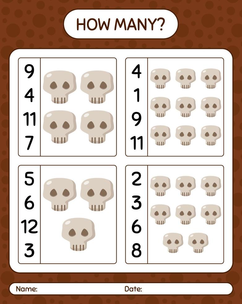 How many counting game with skull. worksheet for preschool kids, kids activity sheet vector