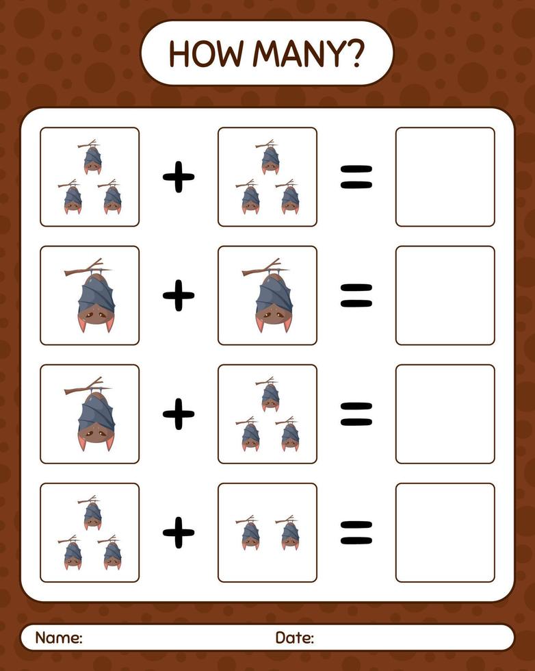How many counting game with bat. worksheet for preschool kids, kids activity sheet vector