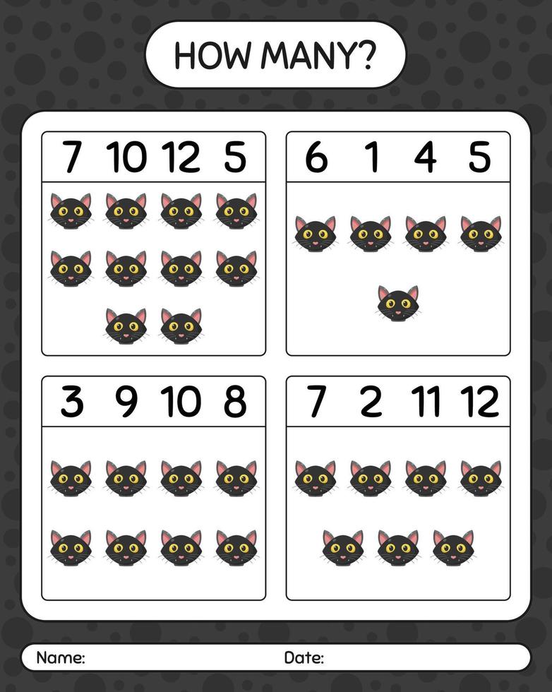 How many counting game with cat. worksheet for preschool kids, kids activity sheet vector